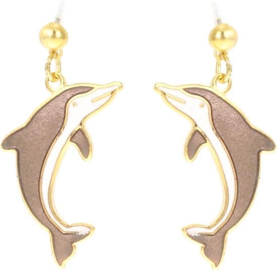 Behave Oorbellen hangers dolfijn bruin wit emaille 3,5 cm