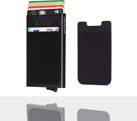 Walletstreet Uitschuifbare Pasjeshouder Slim-Fit Plus Collection Aluminium Creditcardholder/Card Protector Anti-Skim/ RFID 7 Pasjes Met Plakwallet – Voor Mannen & Vrouwen -Kerstcadeau Ideale Geschenk- Zwart/Black