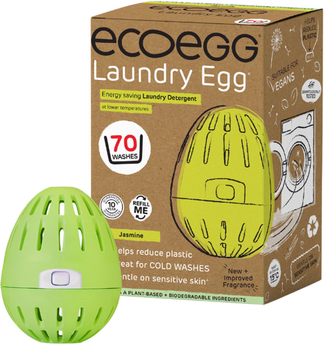 EcoEgg Was ei – Jasmine - Wasparels – Navulbaar – Geschikt voor de gevoelige huid – Dermatologisch getest - 70 wasbeurten - Groen