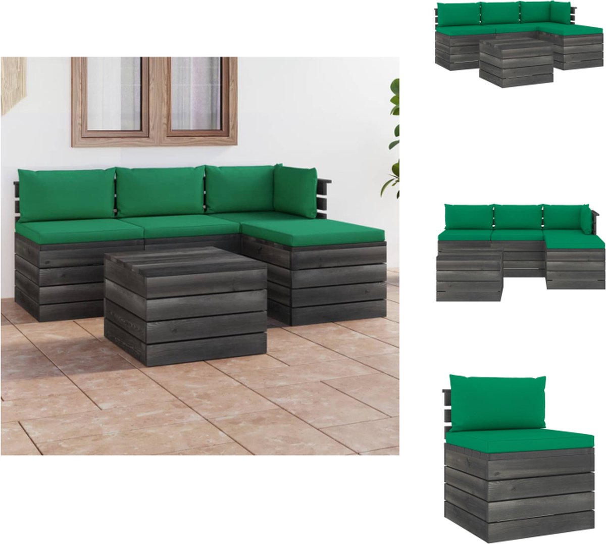 VidaXL Pallet Loungeset grenenhout modulair groen kussen 2 middenbanken 1 hoekbank 1 tafel 1 hocker Tuinset