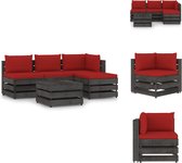 vidaXL Pallet Lounge Set - Grenenhout - Hoekbank 69x70x66cm - Middenbank 60x70x66cm - Tafel/Voetenbank 60x62x37cm - Rood Kussen - Tuinset