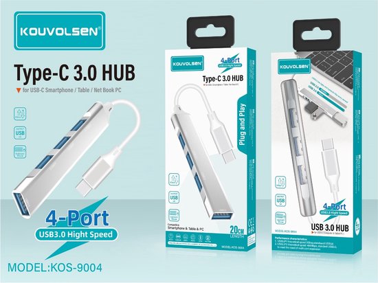 Hub USB-C 4 En 1 - Ports : USB-C, USB 3.0 (5 Gbit/s), USB 2.0 - Aluminium, Pour PC Portable, Tablette, Smartphone - 8