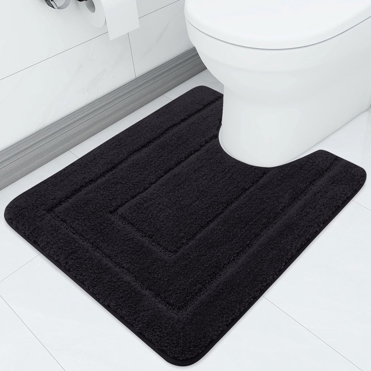 Microvezel badkamertapijt, antislip, zachte mat toilet met uitsparing 50 x 60 cm, absorberende badmat, staande toilet, wasbare badmat voor toilet, zwart