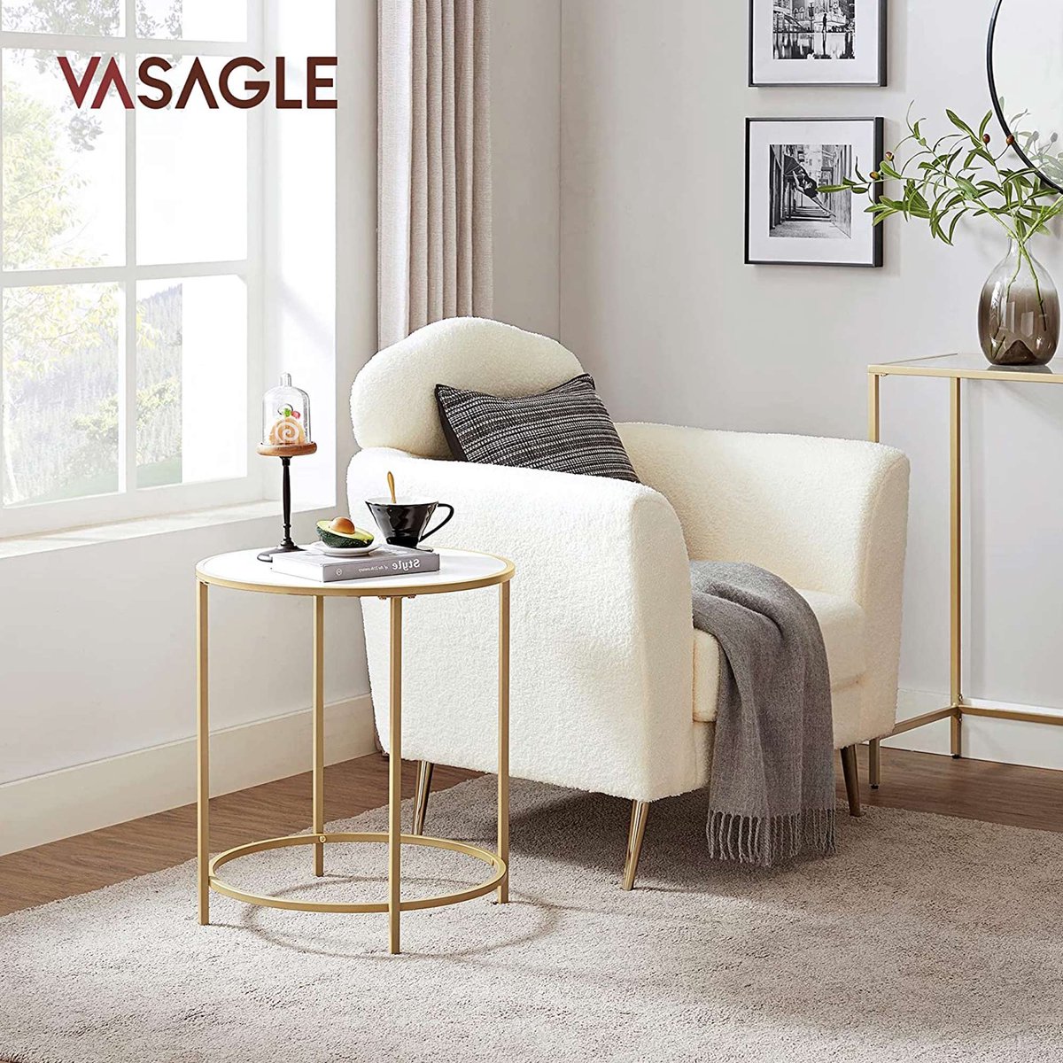 Goedkoopste VASAGLE Beistelltisch, Couchtisch, Nachttisch, rund, mit Oberfläche aus Holzspanplatte und goldfarbenem Metallrahmen, einfache Montage, für Schlafzimmer, Wohnzimmer, modern, weiß-goldfarben LET282A10
