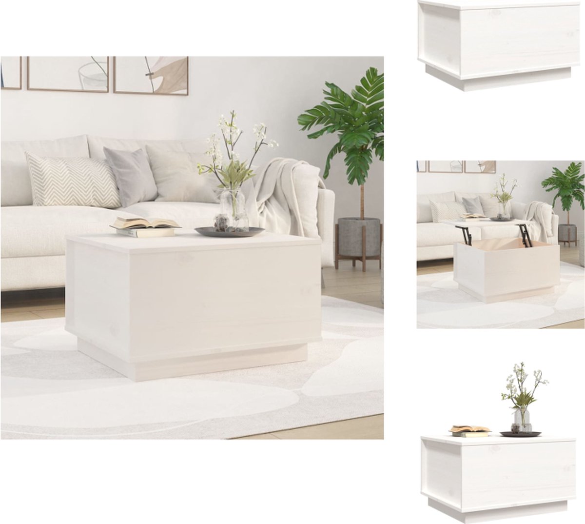 VidaXL Salontafel Lift-top Massief grenenhout 60x50x35 cm wit Tafel