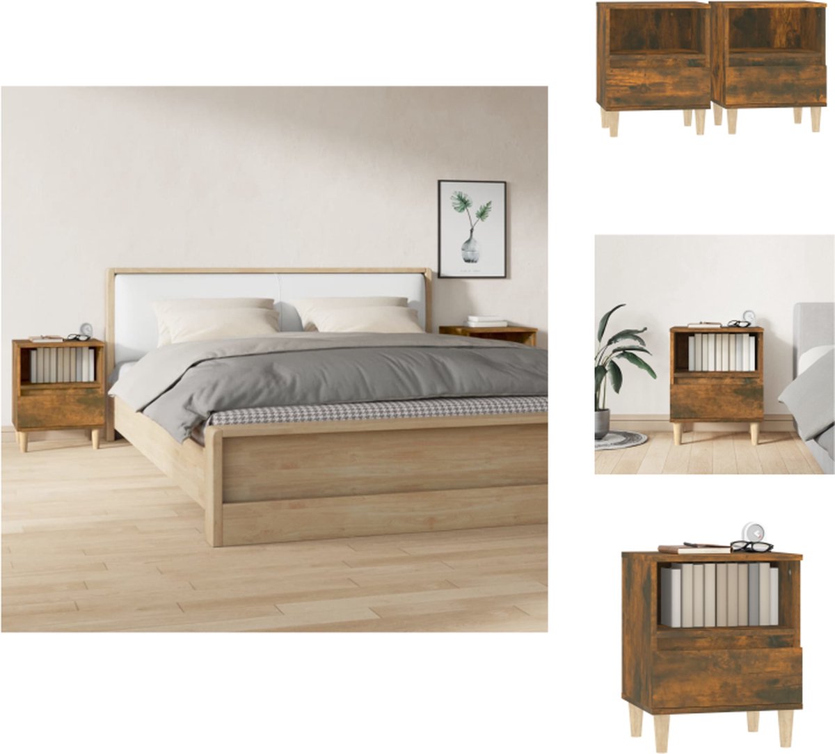 VidaXL Nachtkastje Gerookt Eiken 40 x 35 x 50 cm Elegant ontwerp duurzaam materiaal voldoende opbergruimte houten poten stabiel tafelblad 2x in doos Kast