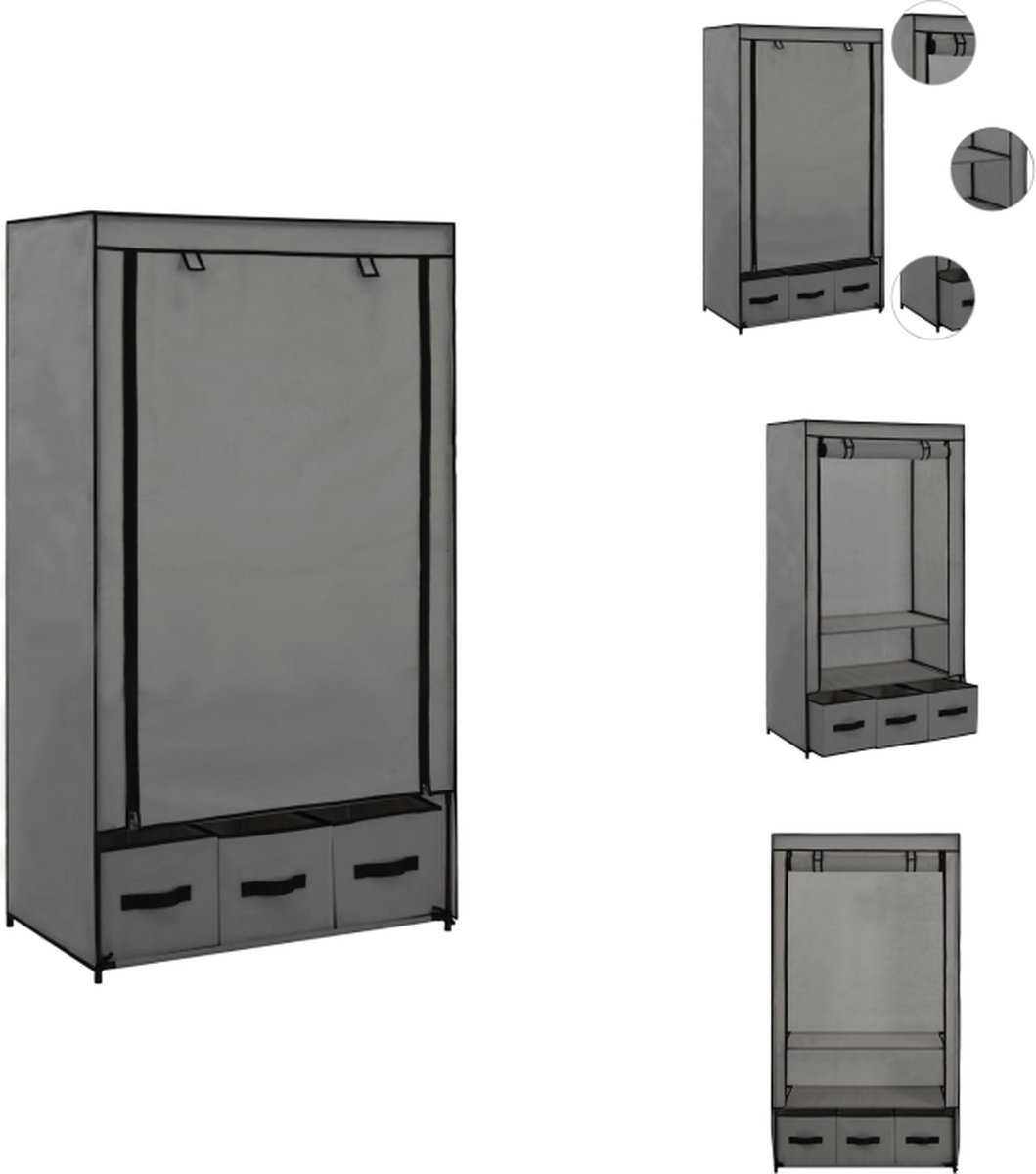 VidaXL Opvouwbare Kledingkast Grijs 87 x 49 x 159 cm Met 3 lades Kast