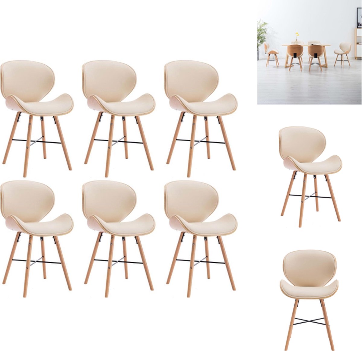 VidaXL Eetkamerstoelen Set van 6 Crème bekleding Lichtbruin frame 50 x 50 x 81 cm Dikke schuimvulling Gebogen houten frame Eetkamerstoel