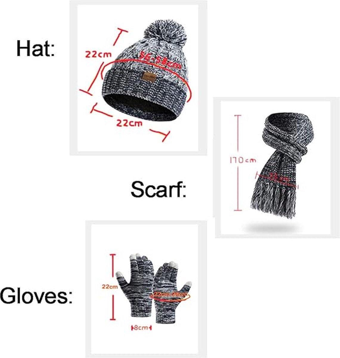 Ensemble bonnet, écharpe et gants d'hiver en polaire chaude tricotée -  Bonnet thermique en laine - Pour sports de plein air, ski, vélo, moufles  pour