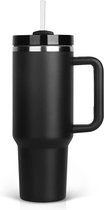 Drinkfles met handvat en rietje - Tumbler - Zwart - Drinkbeker - 1.2 liter - Bekend van TikTok - Thermosbeker - Thermosfles - Travel Mug - Influencer - Cadeau