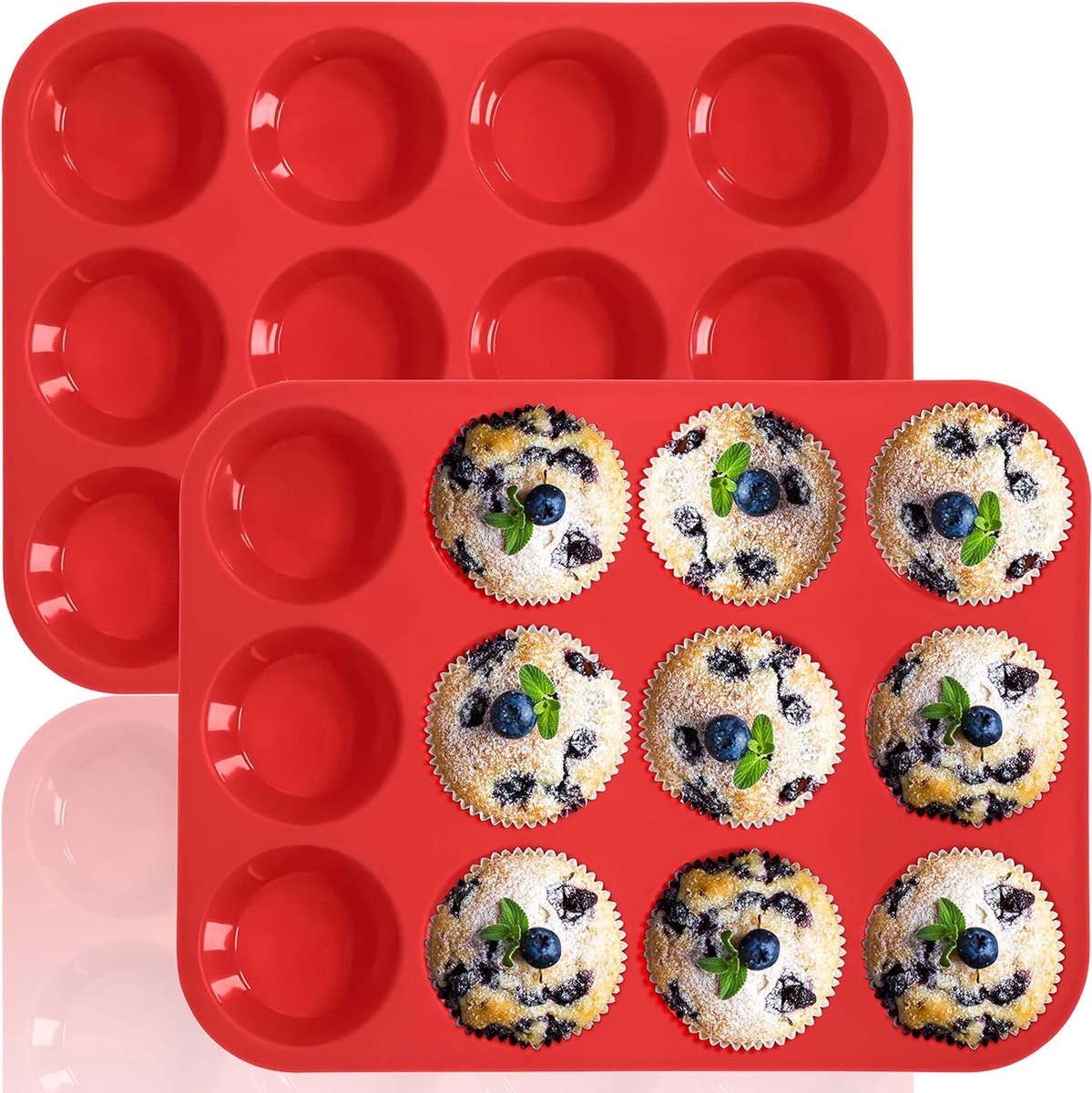 Siliconen muffinvorm, normaal cupcake-dienblad voor 12 kopjes, bakvormen met antiaanbaklaag voor muffincakes, cupcakes, chocolade, brood, taarten en desserts, eenvoudig uitneembaar (2 stuks)