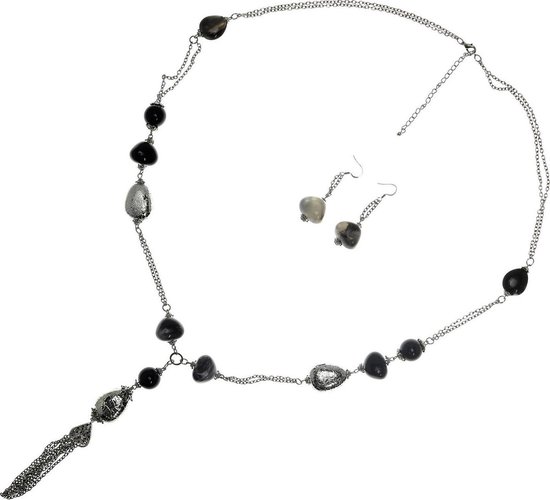 Behave Set collier long et boucles d'oreilles couleur argent avec gris 87 cm