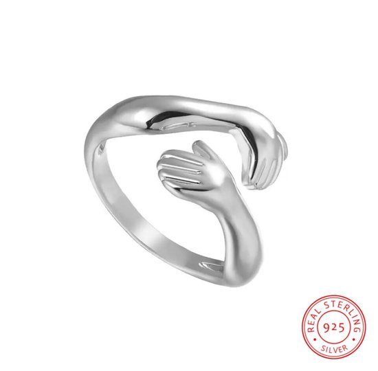 cBorasi Collection Knuffel Ring | 925 Zilver | Zilver | Knuffelring | Handen | Vriendschapsring | Hug | Verstelbaar | Verstelbare Ring | Vrouwen Cadeau | Moederdag | Moederdag Cadeau |
