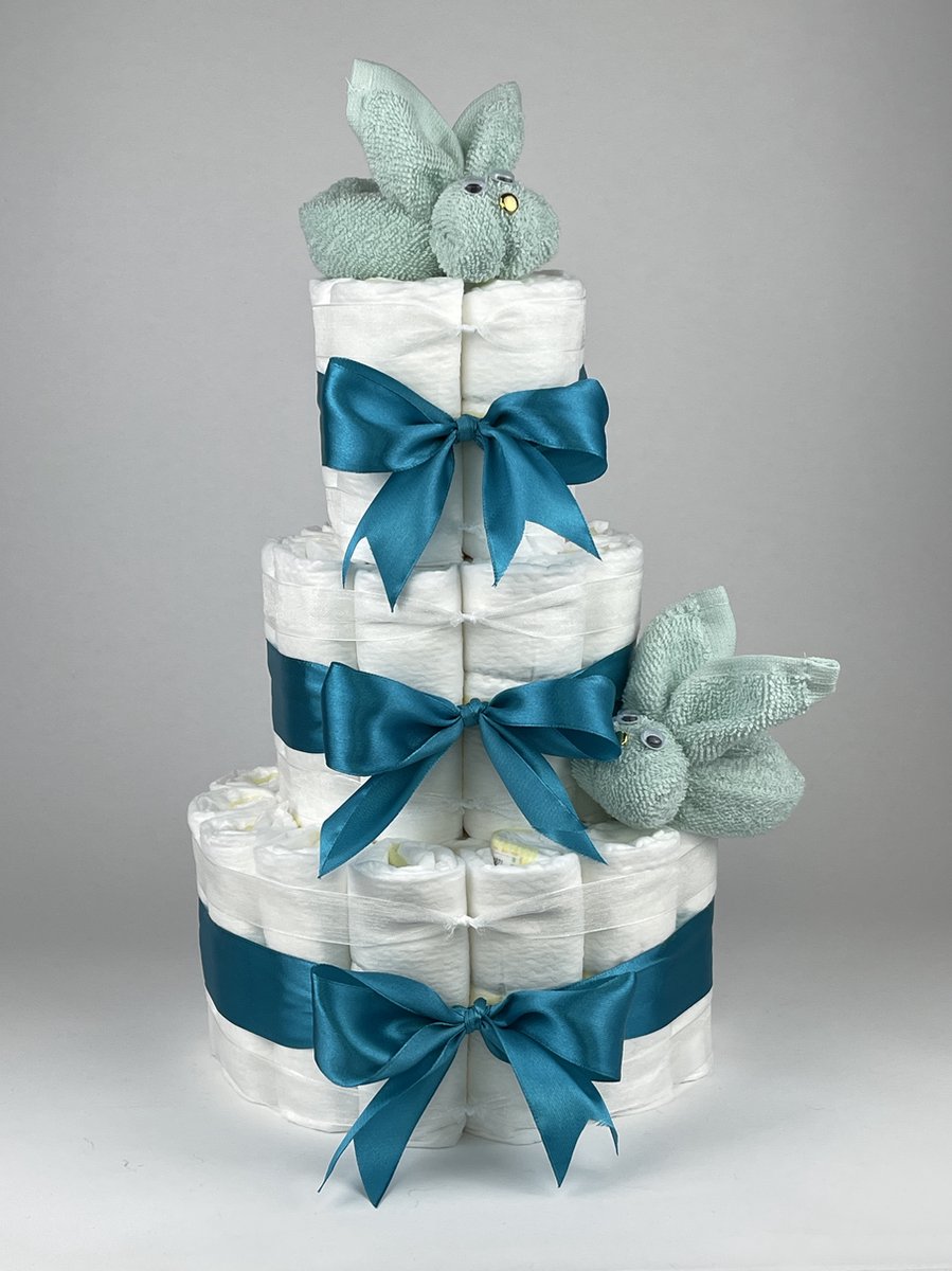 Goedkoopste Chouette-Chouette | Luiertaart Neutraal | Kraamcadeau | Geboorte Jongen Meisje | Babyshower | Konijnen Mint groen - Petrol