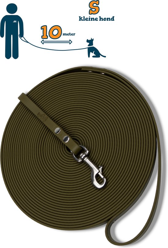 Miqdi BioThane hondenriem – olijf groen – 9 mm breed - 10 meter lang - met handvat