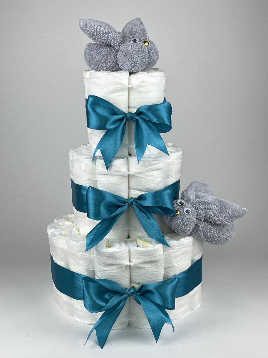 Goedkoopste Chouette-Chouette | Luiertaart Neutraal | Kraamcadeau | Geboorte Jongen Meisje | Babyshower | Konijnen Grijs - Petrol