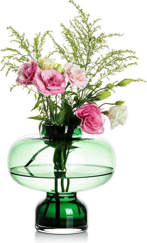 Glazen vaas voor bloemen, Groene kunstvaas, Moderne smalle halsvaas voor tafeldecoratie, Bruiloftsmiddelpunt voor rozen, hortensia's, narcissen, Kunstmatige bloemen met lange stelen.