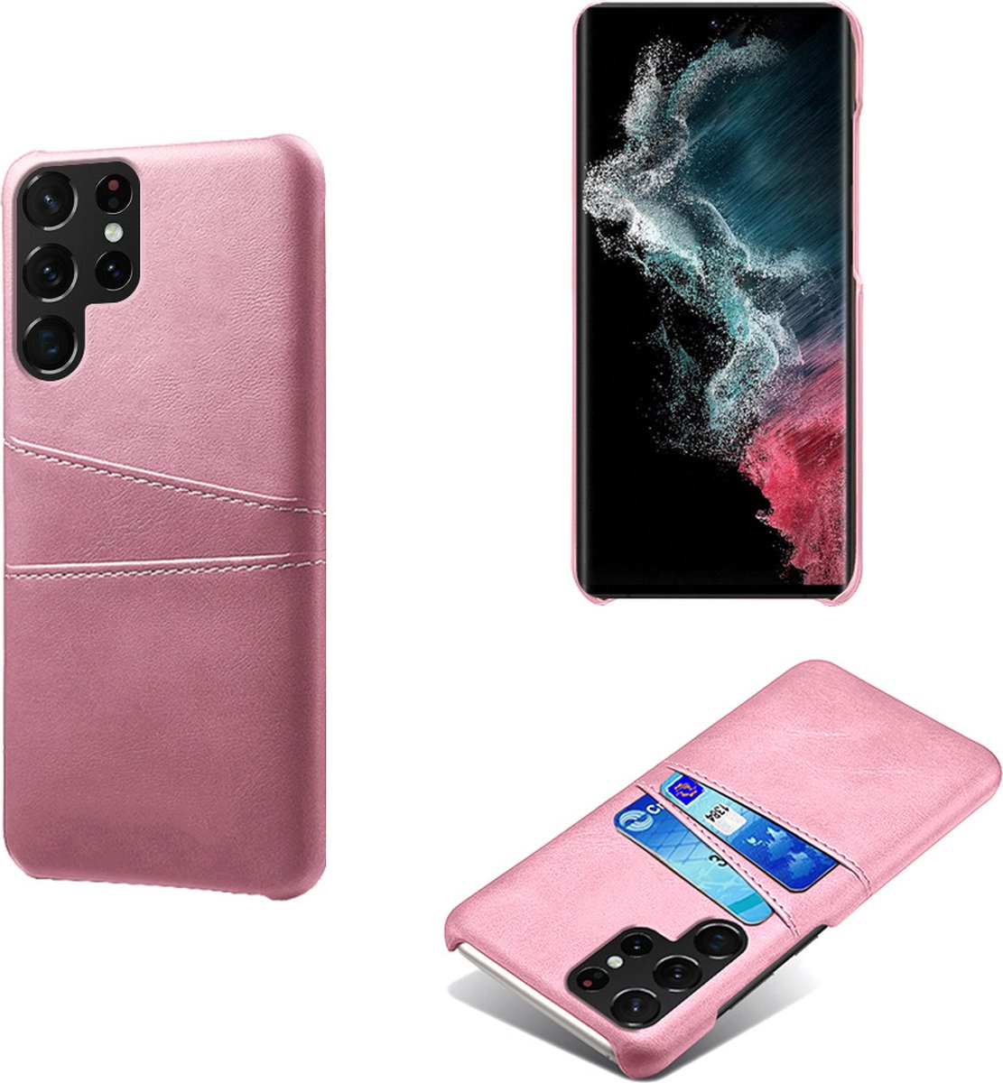 Backcover met Opbergvakjes + PMMA Screenprotector voor Galaxy S23 Ultra _ Roze Goud