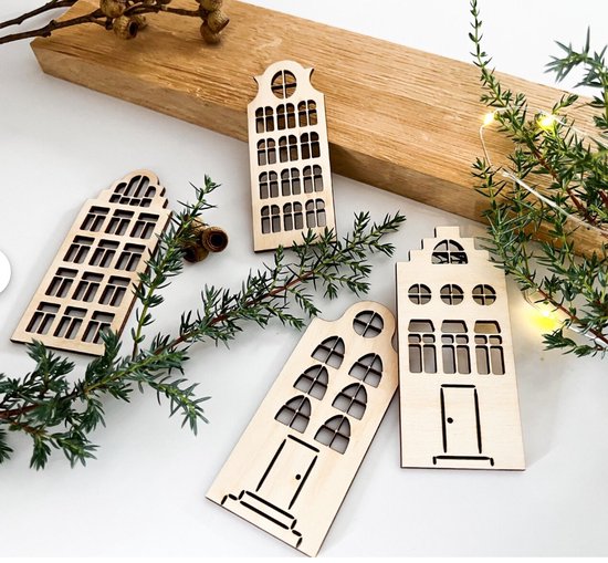 Houten Mini Huizen, Set van 4 Houten Huis Vormen, Onvoltooid Houten Huis Uitsparing, DIY Huis Blank, DIY Huis Decoratie, Hout Craft Supplies/ amsterdamse huizen/ houten decoratie