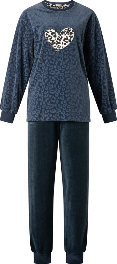 Warme velours dames pyjama van Lunatex 124209 navy-zwart maat M