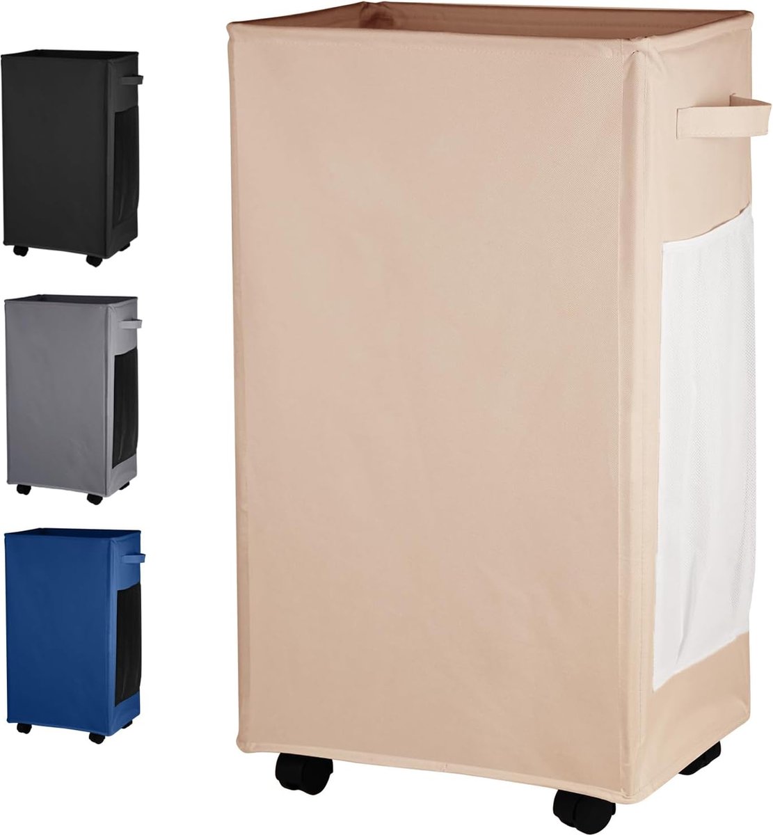 Goedkoopste 84L Wasmand met wielen, opvouwbare wasmand gemaakt van Oxford-stof, wasmand met zijvakken van gaas, vuile kledingmand met dubbele handvatten, opbergmand voor yogamat.