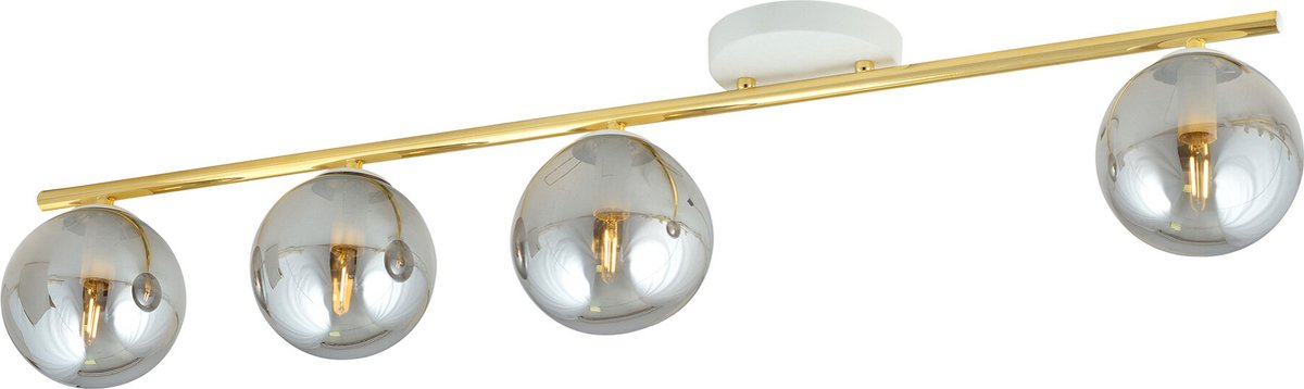 Emibig Lange 4x E14 wit en messing plafondlamp met gerookte glazen bollen - Perfect voor een sfeervolle ambiance in uw interieur
