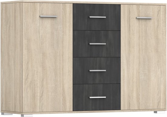 Wenecja 2d4s ladekast, dressoir, planken, laden, breedte 135 cm, kleur sonoma / zwart grenen - korting