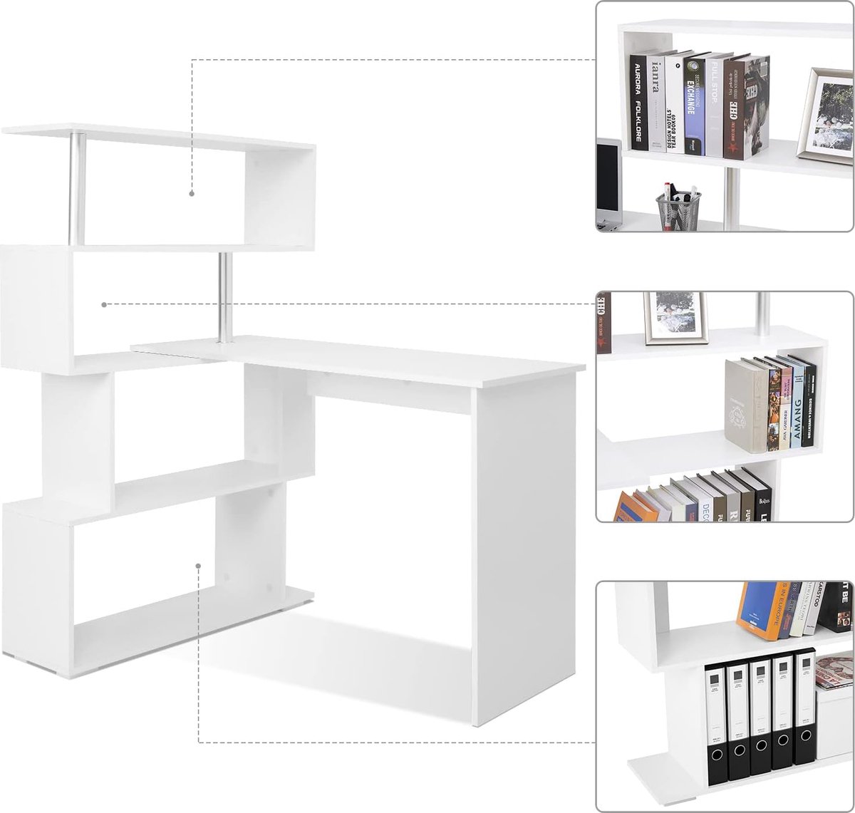 Meerveil Computer Table, L-Shaped Corner Desk with 360° Rotating Bookcase for Study, Living Room, Office, 157 x 45 x 130.5 cm, Oak (Tabletop) and