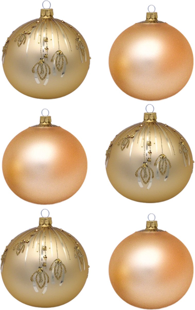 Chique Licht Gouden Kerstballen met Glitter Decoratie en Pailletten & effen mat licht goud - Doosje met 6 glazen kerstballen
