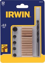IRWIN DeuvelSet 32PCS, 26 deuvels 6mm, houtboor 6mm, 4 centreerpunten, 1 dieptestop