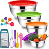 Mengkom met deksel, 4-delige roestvrijstalen saladeschaalset met veelzijdige accessoires voor koken/bakken/serveren, stapelbaar en gezond, 4,5 L / 2,7 L / 2,5 L / 1,2 L, kleurrijk.