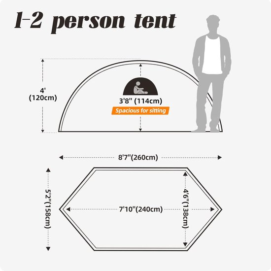 Tent, 1-2 personen koepeltent, ultralicht bivaktent, snelle opbouw, waterdicht, compact formaat voor trektochten, buitenactiviteiten, festivals, kamperen. — afbeelding 2