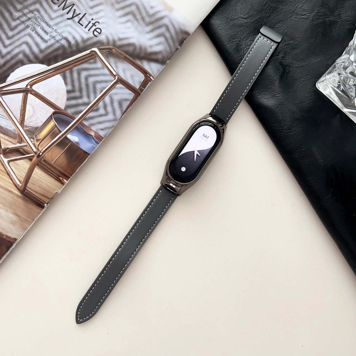 Echt leren band met magnetische gesp voor Xiaomi Mi Band 8(grijs)