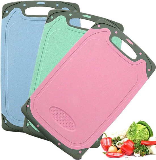Ensemble 3 Planches à Découper Plastique Antidérapantes Antibactériennes – Sans BPA, Avec Rainures à Jus & Poignées (Noir, 35x21 Cm)