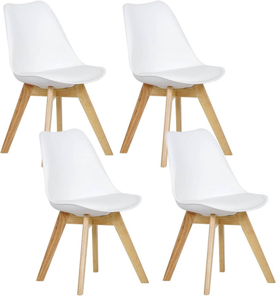 BukkitBow - Eetkamerstoelen Houten Frame met Retro Stijl - Gewatteerd Zitting met Kussen - Set van 4 Stuks - Wit