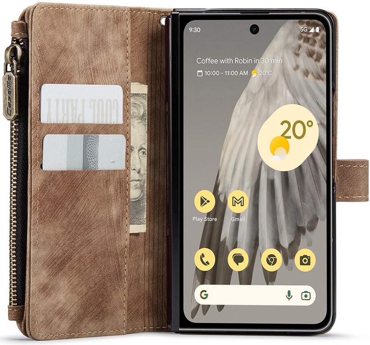 CaseMe C30 Hoesje Geschikt voor Google Pixel Fold | Wallet Zipper Book Case met Pasjeshouder | Beschermhoes met Portemonnee | Bruin