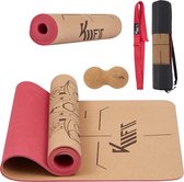 KM-Fit Yoga mat - Fitness mat - Sport mat - extra dik - anti slip - gemaakt van natuurrubber, TPE en katoen - Incl. yogariem & fascia duoball - Roze