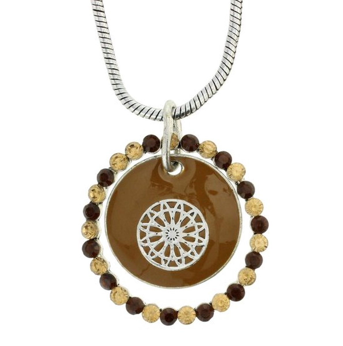 Behave Ketting met Bruine Ronde Hanger en Kristallen
