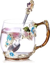 Handgemaakte emaille vlinder bloem glas koffie mokken thee kopje met lepel, verjaardagscadeaus voor haar vrouwen moeder vrienden Moederdag (blauw)