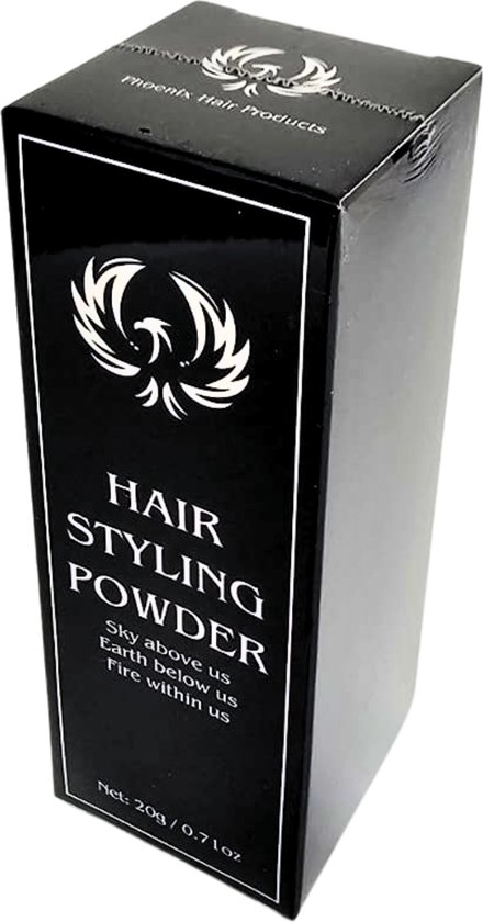 Zwarte doos met "Phoenix" logo en tekst "Hair Styling Powder".