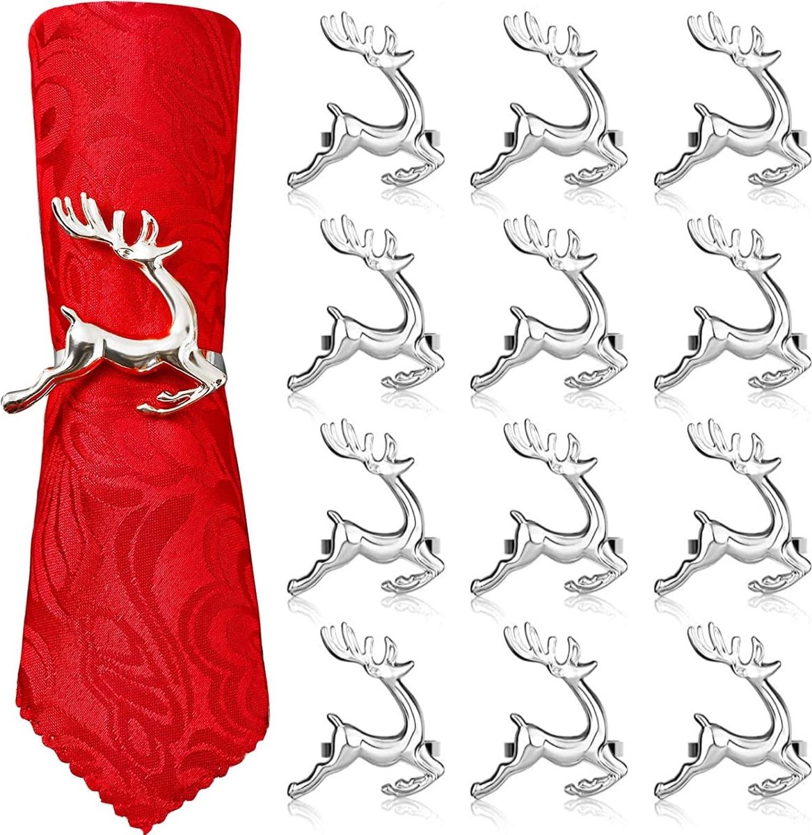 Pack of 12 Christmas Reindeer Napkin Rings, 6 cm Silver Deer Napkin Holder, Reindeer Napkin Buckle for Christmas, Lunch, Thanksgiving Party, Holiday, Wedding, Table Decoration - Merkloos