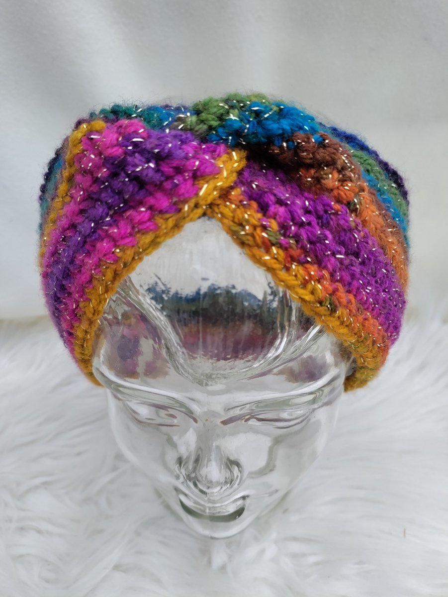 Handgemaakte haarband / hoofdband / oorwarmer in paars, roze, blauw, geel, groen met glinsterdraad gehaakt