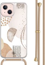 Casimoda® hoesje met beige koord - Geschikt voor iPhone 13 - Abstract Shapes - Afneembaar koord - TPU/acryl - Bruin/beige