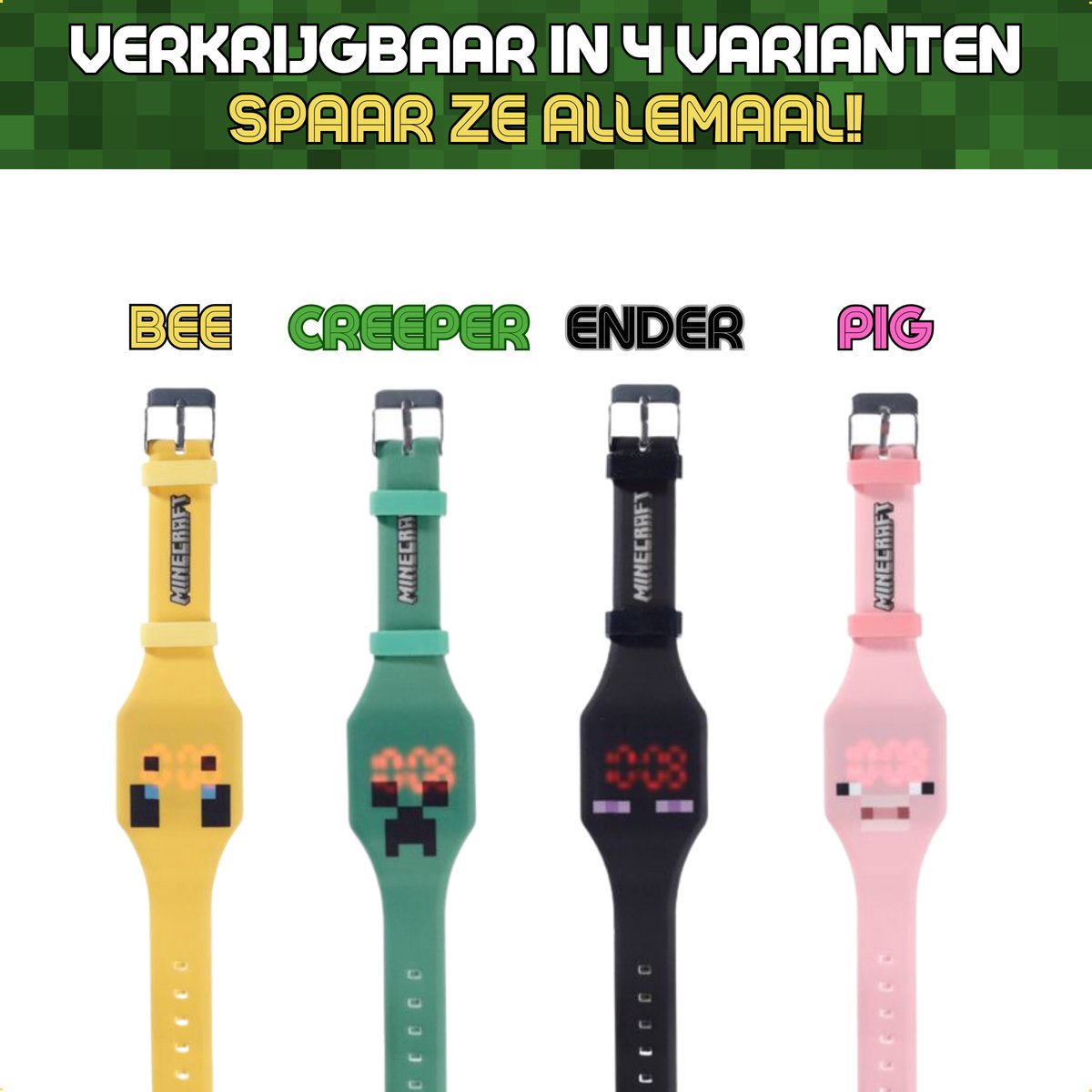Montre Minecraft Quartz - Bracelet Caoutchouc Vert - Design Creeper - Fonction Lumineuse