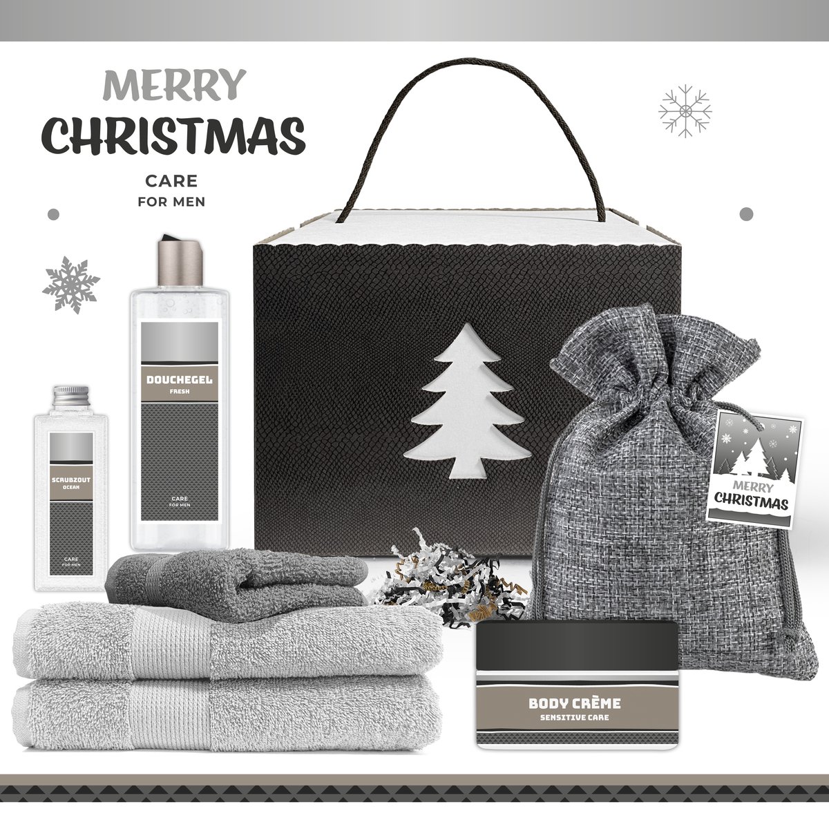 Geschenkset “Merry Christmas!” - 7 producten - 1000 gram | Voor Hem - Kerstgeschenk - Kerstcadeau - Christmas Gift - For Him - Cadeau - Kerst - Kerstpakket - Kerstpakketten - Fijne Kerstdagen - Feestdagen - Broer - Vader - Vriend - Werknemer - Zwart