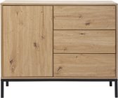 CALICOSY - Commode - 1 Porte 3 Tiroirs - Decor Chêne - Système Push/Pull - L90 x H80 cm