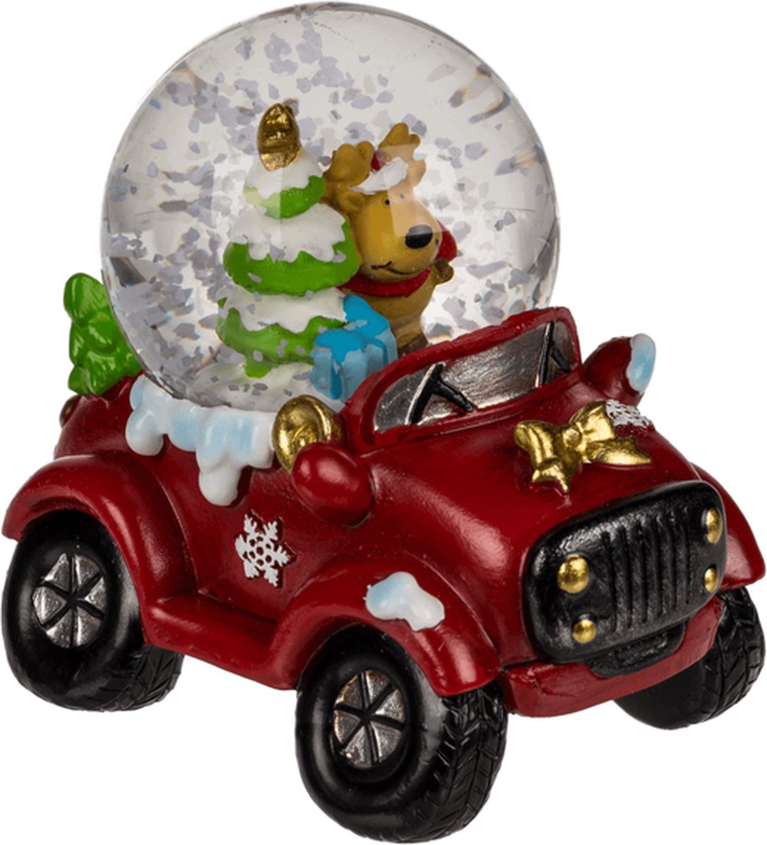 Sneeuwbol klein rendier met kerstboom in een auto