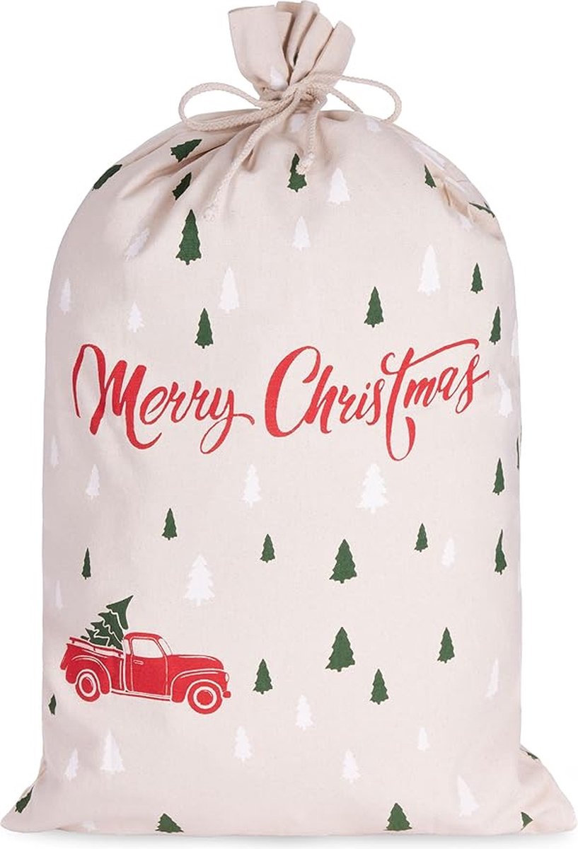 BRUBAKER Kerstzak Merry Christmas - Kerstboom bos met Auto Rood - 80 cm Cadeauzak Kerstmis - Kerstman zak Katoen met Koord voor het Inpakken van Cadeaus - Kerstboom