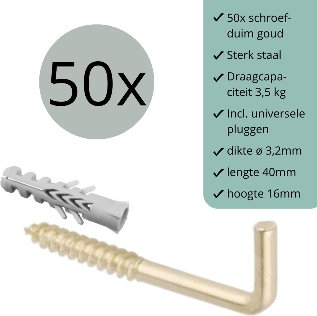 Schroefduimen - Vermessingd (goud) - 50 stuks - 40mm x 16mm x ø3,2mm (schroef haak - schroef duim - ophang haak - wand haak)