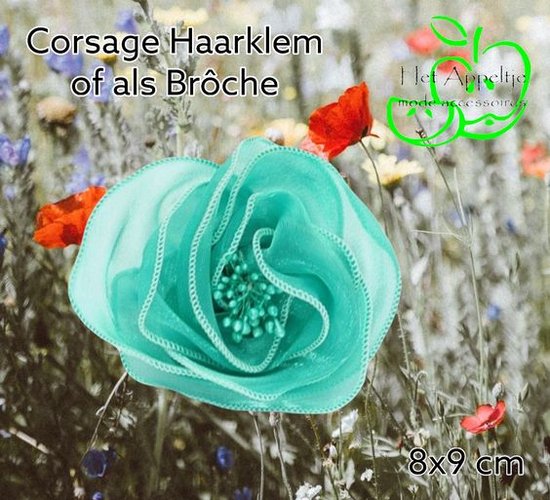 Corsage Bloem Ronde / Rose - 8x9 cm - Eucalyptus / Vert Menthe - Brôche - Pince Canard Cheveux - tissu organza - 1 pièce - Mariage Gala Casual